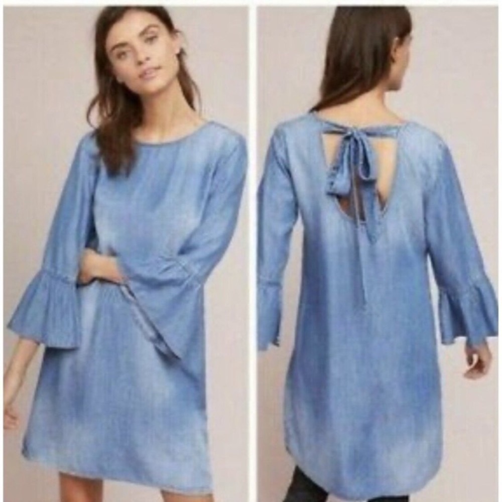 Anthropology Cloth and stone denim chambray dress fading knot tie string bell
